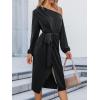 CUPSHE Womens Fall Dress One Shoulder Tie Front Puff Long Sleeve Bodycon Wrap Cocktail Midi Dresses(Black)