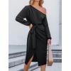 CUPSHE Womens Fall Dress One Shoulder Tie Front Puff Long Sleeve Bodycon Wrap Cocktail Midi Dresses(Black)
