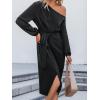 CUPSHE Womens Fall Dress One Shoulder Tie Front Puff Long Sleeve Bodycon Wrap Cocktail Midi Dresses(Black)