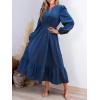 CUPSHE Women’s Fall Dresses 2025 Long Sleeve V Neck Casual Outfits A Line Tunic Waist Ruffled Vacation Flowy Maxi Party Dress(Blue)
