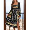 CUPSHE Womens Fall Dresses Floral Square Neck Long Puff Sleeve Flowy Casual A Line Midi Dress(Black)