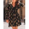 CUPSHE Women’s Fall Dresses Floral V Neck Lace Cutout Long Sleeve Smocked A Line Mini Dress(Black)