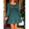 CUPSHE Womens Fall Dresses Long Sleeves Scoop Neck Casual Outfits Plaid Smocked A Line Work Ruffled Flowy Mini Party Dress(Green Plaid)