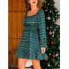 CUPSHE Womens Fall Dresses Long Sleeves Scoop Neck Casual Outfits Plaid Smocked A Line Work Ruffled Flowy Mini Party Dress(Green Plaid)