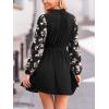 CUPSHE Womens Fall Dresses V Neck Floral Long Sleeve Button Belted Short Work Casual Outfit Flowy Mini Dress(Black)