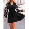 CUPSHE Womens Fall Dresses V Neck Floral Long Sleeve Button Belted Short Work Casual Outfit Flowy Mini Dress(Black)