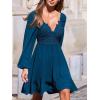 CUPSHE Women’s Fall Wedding Guest Dresses Lace V Neck Ruffle Hem Long Sleeve A Line Mini Dress(Blue)