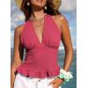 CUPSHE Women’s Floral Halter Top Smocked Tank Top V Neck Ruffle Hem Tie Neck Backless Beachwear Casual(Pink)