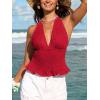 CUPSHE Women’s Floral Halter Top Smocked Tank Top V Neck Ruffle Hem Tie Neck Backless Beachwear Casual(Red)