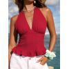 CUPSHE Women’s Floral Halter Top Smocked Tank Top V Neck Ruffle Hem Tie Neck Backless Beachwear Casual(Red)