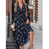 CUPSHE Women’s Floral Maxi Dress V Neck Puff Sleeves Flowy Ruffle Casual Fall Dress(Navy Blue)