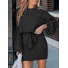 CUPSHE Women’s Knit Mini Dresses Lantern Long Sleeve Casual Belted Back Tie Vacation Cocktail Dress(Black)