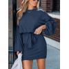 CUPSHE Women’s Knit Mini Dresses Lantern Long Sleeve Casual Belted Back Tie Vacation Cocktail Dress(Blue)