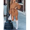 CUPSHE Women’s Knit Mini Dresses Lantern Long Sleeve Casual Belted Back Tie Vacation Cocktail Dress(Brown)