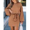 CUPSHE Women’s Knit Mini Dresses Lantern Long Sleeve Casual Belted Back Tie Vacation Cocktail Dress(Brown)