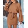CUPSHE Women’s Knit Mini Dresses Lantern Long Sleeve Casual Belted Back Tie Vacation Cocktail Dress(Brown)