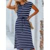 CUPSHE Women’s Knit Striped Casual Summer Dress Drawstring Waist Midi Dresses Short Sleeve Round Neckline Sundress(Navy Blue)