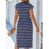 CUPSHE Women’s Knit Striped Casual Summer Dress Drawstring Waist Midi Dresses Short Sleeve Round Neckline Sundress(Navy Blue)