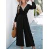 CUPSHE Women’s Long Lantern Sleeve Jumpsuits Casual Lace V Neck Tie Waist Wide Leg One Piece Jumpsuit with Pockets(Black)