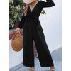 CUPSHE Women’s Long Lantern Sleeve Jumpsuits Casual Lace V Neck Tie Waist Wide Leg One Piece Jumpsuit with Pockets(Black)