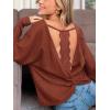 CUPSHE Womens Long Sleeve Crewneck Blouse Sexy Back Lace Ribbed Knit Tops(Brown)