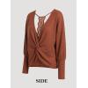 CUPSHE Womens Long Sleeve Crewneck Blouse Sexy Back Lace Ribbed Knit Tops(Brown)