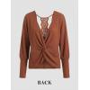 CUPSHE Womens Long Sleeve Crewneck Blouse Sexy Back Lace Ribbed Knit Tops(Brown)