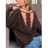 CUPSHE Womens Long Sleeve Crewneck Blouse Sexy Back Lace Ribbed Knit Tops(Coffee Brown)