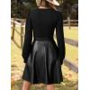 CUPSHE Women’s Long Sleeve Fall Mini Dress V Neck High Waist A Line Ruffle Faux Leather Dress(B-black)