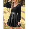 CUPSHE Women’s Long Sleeve Fall Mini Dress V Neck High Waist A Line Ruffle Faux Leather Dress(B-black)