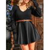 CUPSHE Women’s Long Sleeve Fall Mini Dress V Neck High Waist A Line Ruffle Faux Leather Dress(Black-black)