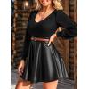 CUPSHE Women’s Long Sleeve Fall Mini Dress V Neck High Waist A Line Ruffle Faux Leather Dress(Black-black)