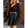 CUPSHE Women’s Long Sleeve Fall Mini Dress V Neck High Waist A Line Ruffle Faux Leather Dress(Black-black)