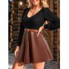 CUPSHE Women’s Long Sleeve Fall Mini Dress V Neck High Waist A Line Ruffle Faux Leather Dress(Black-brown)