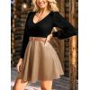 CUPSHE Women’s Long Sleeve Fall Mini Dress V Neck High Waist A Line Ruffle Faux Leather Dress(Black-khaki)