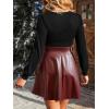 CUPSHE Women’s Long Sleeve Fall Mini Dress V Neck High Waist A Line Ruffle Faux Leather Dress(Black-red)