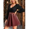 CUPSHE Women’s Long Sleeve Fall Mini Dress V Neck High Waist A Line Ruffle Faux Leather Dress(Black-red)