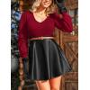 CUPSHE Women’s Long Sleeve Fall Mini Dress V Neck High Waist A Line Ruffle Faux Leather Dress(Red-black)