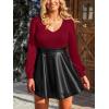 CUPSHE Women’s Long Sleeve Fall Mini Dress V Neck High Waist A Line Ruffle Faux Leather Dress(Red-black)