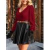 CUPSHE Women’s Long Sleeve Fall Mini Dress V Neck High Waist A Line Ruffle Faux Leather Dress(Red-black)