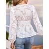 CUPSHE Women’s Long Sleeve Lace Blouse See Through Sexy V Neck Eyelet Shirts Party Floral Club Dressy Tops(White)