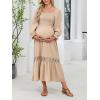 CUPSHE Women’s Maternity Maxi Dresses Square Neck Smocked Baby Shower Long Sleeve Ruffled Fashion Casual Fall Pregnancy Dress(Beige)