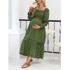 CUPSHE Women’s Maternity Maxi Dresses Square Neck Smocked Baby Shower Long Sleeve Ruffled Fashion Casual Fall Pregnancy Dress(Olive Green)