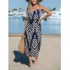 CUPSHE Women’s Midi Dress Scoop Neck Ruffled Sleeveless Slit Drawstring Spaghetti Straps A Line Casual Dress(Navy Pattern)