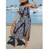 CUPSHE Women’s Midi Dress Scoop Neck Ruffled Sleeveless Slit Drawstring Spaghetti Straps A Line Casual Dress(Navy Pattern)