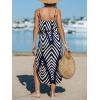 CUPSHE Women’s Midi Dress Scoop Neck Ruffled Sleeveless Slit Drawstring Spaghetti Straps A Line Casual Dress(Navy Pattern)