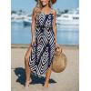 CUPSHE Women’s Midi Dress Scoop Neck Ruffled Sleeveless Slit Drawstring Spaghetti Straps A Line Casual Dress(Navy Pattern)