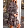 CUPSHE Women’s Mini Dress Mock Neck Smocked Long Bishop Sleeves Tiered Ruffled Hem Woven A Line Short Cocktail Dresses(Black Floral)