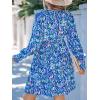 CUPSHE Women’s Mini Dress Smocked V Neck Long Sleeve Empire Waist Casual A Line Dress(Blue Abstract)