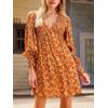 CUPSHE Women’s Mini Dress Smocked V Neck Long Sleeve Empire Waist Casual A Line Dress(Burnt Orange)